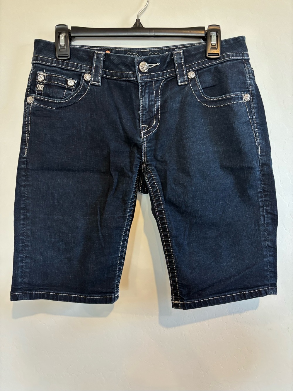 Miss Me Dark Wash Denim Bermuda Shorts with Contrast Stitching